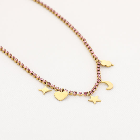 Strass party ketting met bedels Pink